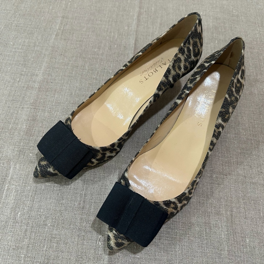 Talbots shoes Animal Leopard Print Leather Black Bow Front high Heels size  6.5
